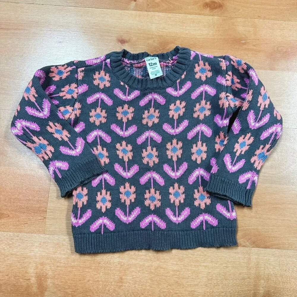 Carters Pink & Gray/Brown Baby Girl 2-Piece Floral Knit Outfit Size 12M